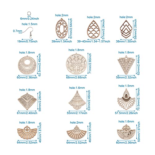 48pcs Unfinished Wooden Filigree Earring Making Kits 12 Styles Undyed Natural Wood Antique Hollow Dangle Charm Beads for DIY Earrings Pendants Making - WoodArtSupply