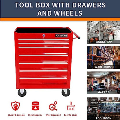 Larmliss 7-Drawer Rolling Tool Cart, Lockable Home Repair Tool Storage Organizer, Tool Box on Wheels,Tool Chest Cabinet for Mechanic, Garage - WoodArtSupply