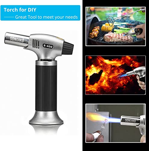 Sondiko Butane Torch S400, Refillable Kitchen Lighter, Fit All Butane Tanks Blow Torch with Safety Lock and Adjustable Flame for Desserts, Creme Sondiko