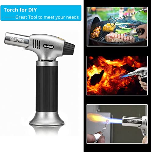 Sondiko Butane Torch S400, Refillable Kitchen Lighter, Fit All Butane Tanks Blow Torch with Safety Lock and Adjustable Flame for Desserts, Creme - WoodArtSupply