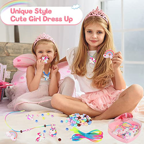 FLYINGSEEDS Unicorn Jewelry Making Kit, 5 Rubber Necklaces and Charms with 100 Big Holes Beads Toy Set, Beading Arts and Crafts, Ideal Gifts for FLYINGSEEDS