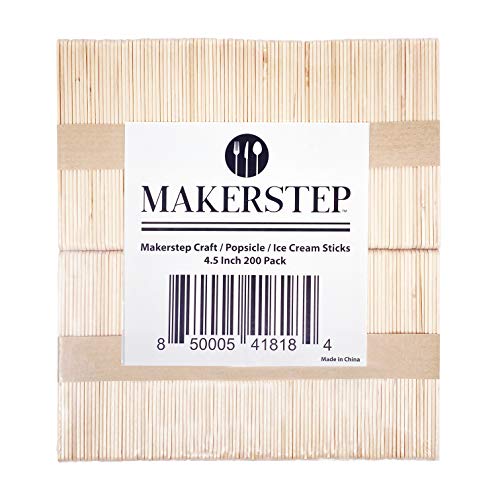Makerstep 200 Natural Wood Craft, Popsicle Sticks for Crafts 4.5 Inch, Waxing Spatulas, Epoxy Resin Stirring, Ice Cream Candy Making and Garden Makerstep