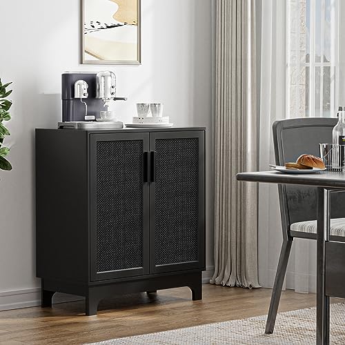 Anmytek Black Rattan Cabinet, Natural Rattan Storage Cabinet with 2 Doors Adjustable Shelf Large Space Entryway Hallway Cabinet Sideboard Buffet for Anmytek