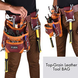 FUERI Professional 10 Pocket Leather Carpenter Tool Belt Pouch Framers Bag | Heavy Duty Premium Grain Leather Riveted Reinforcement Electrician Bag | FUERI