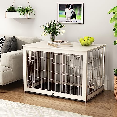 Piskyet Wooden Dog Crate Furniture with Divider Panel, Dog Crate End Table with Fixable Slide Tray, Double Doors Dog Kennel Indoor for Large - WoodArtSupply