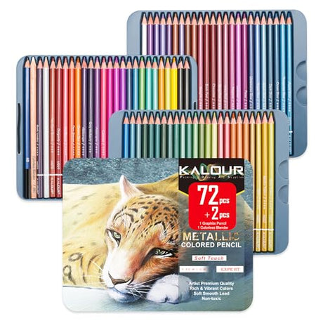 KALOUR 72 Piece Metallic Colored Pencils, Soft Core with Vibrant Color,Ideal for Drawing, Blending, Sketching, Shading, Coloring for Adults Kids KALOUR
