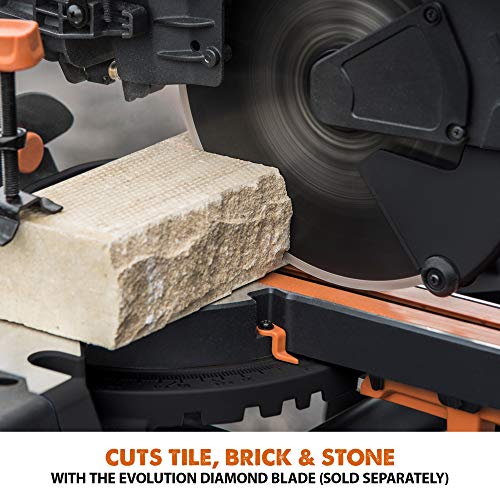 Evolution Power Tools R255SMS-DB+ 10-Inch Dual Bevel Sliding Miter Saw Multi-Material, Multipurpose Cutting Cuts Metal, Plastic, Wood 45˚-45˚ Double Evolution