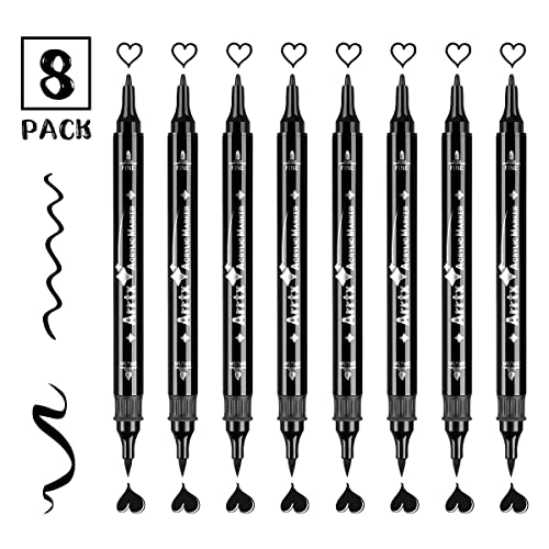 Arrtx Black Acrylic Paint Pens - 8 Pack Brush Tip and Fine Tip (Dual Tip) Black Paint Markers for Rock Painting, Water Based Acrylic Painting - WoodArtSupply