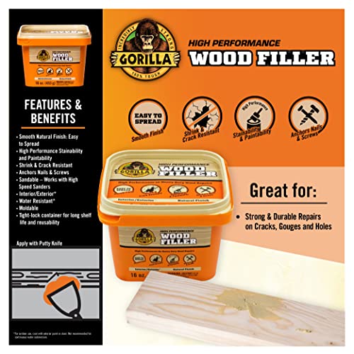 Gorilla All Purpose Wood Filler, 16 Ounce Tub, Natural (Pack of 1) Gorilla