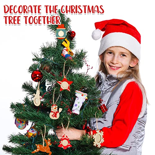 48 Pcs Christmas Wooden Photo Frames and Wooden Ornaments Unfinished Wooden Slices Frames with Hole Rope for Christmas Hanging Decorations Craft and