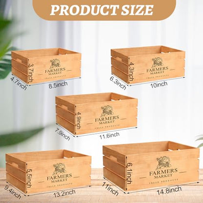 Barydat Set of 5 Wood Crates for Vintage Decorative Display Wooden Boxes Farmhouse Style Nesting Wooden Crates with Open Handles Storage Decorative