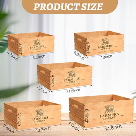 Barydat Set of 5 Wood Crates for Vintage Decorative Display Wooden Boxes Farmhouse Style Nesting Wooden Crates with Open Handles Storage Decorative Barydat