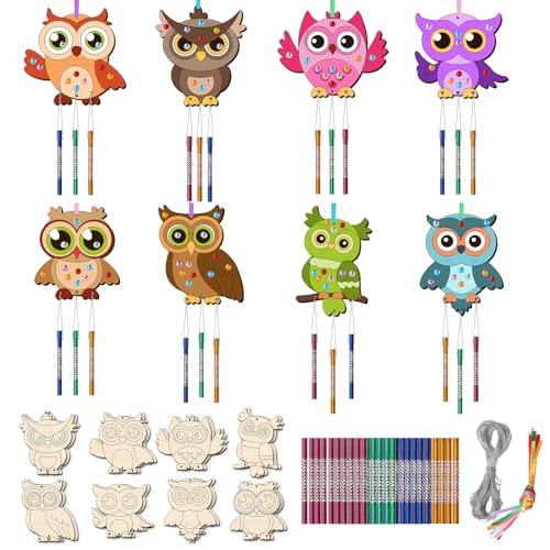 TREACLUB 16 Pack Wind Chime Kits for Kids, Make Your Own Owl Wind Chime DIY Coloring Paint Owl Wooden Arts and Crafts Birthday Gifts for Girls Boys TREACLUB