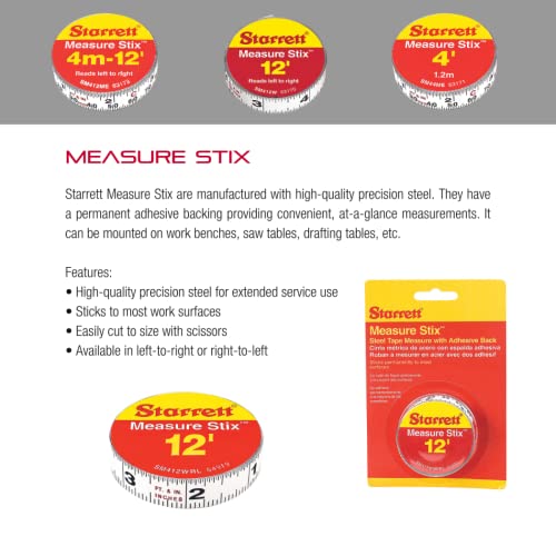 Starrett Tape Measure Stix with Adhesive Backing - Mount to Work Bench, Saw Table, Drafting Table - 1/2" x 12', English Metric, Right-Left Reading - Starrett