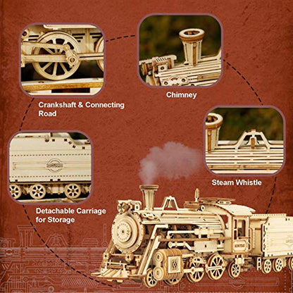 ROBOTIME 3D Puzzles for Adults-Wooden Model Car Kits Train Puzzle Sets for Adults/Teens to Build-Unique Birthday 1:80 Scale Model Prime Steam Express