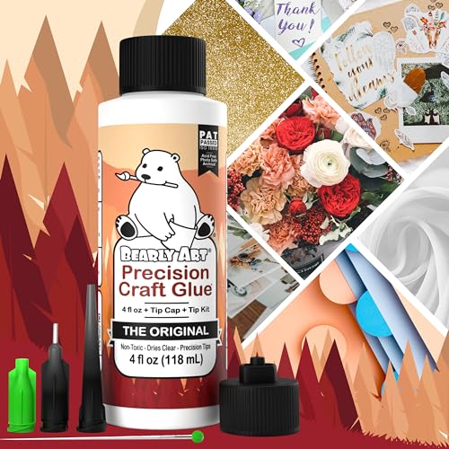 Bearly Art Precision Craft Glue - The Original - 4fl oz - Tip Kit Included - Dries Clear - Metal Tip - Wrinkle Resistant - Flexible and Crack - WoodArtSupply