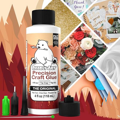 Bearly Art Precision Craft Glue - The Original - 4fl oz - Tip Kit Included - Dries Clear - Metal Tip - Wrinkle Resistant - Flexible and Crack - WoodArtSupply