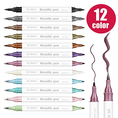 GC QUILL 12 Colors Metallic Marker Pens - Dual Tip Brush and Fine Point Pens for DIY Album, Black Cards, Scrapbooking, Craft Supplies, on Ceramic, - WoodArtSupply