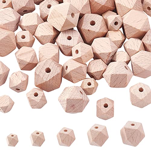 PH PandaHall 50pcs Natural Wooden Beads 5 Sizes Octagon Beads Unfinished Geometric Beads Wood Faceted Spacer Beads for Jewelry Christmas Garland Hair