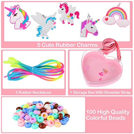 FLYINGSEEDS Unicorn Jewelry Making Kit, 5 Rubber Necklaces and Charms with 100 Big Holes Beads Toy Set, Beading Arts and Crafts, Ideal Gifts for FLYINGSEEDS