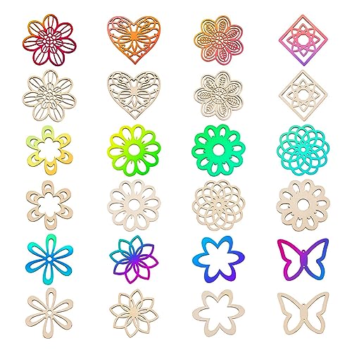 Elecrelive 48pcs Laser Cut Wood Shapes Large Unfinished Wood Flower Cutouts Hollow Wooden Pieces for Painting Crafts Hainging Ornament Home Wedding EEE ELECRELIVE