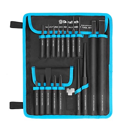 DURATECH 18 Piece Punch/Chisel/Alignment Tool Set, Including Pin Punch, Center Punch, Nail punch, Alignment Tool, Cold Chisel, Chisel Gauge, for