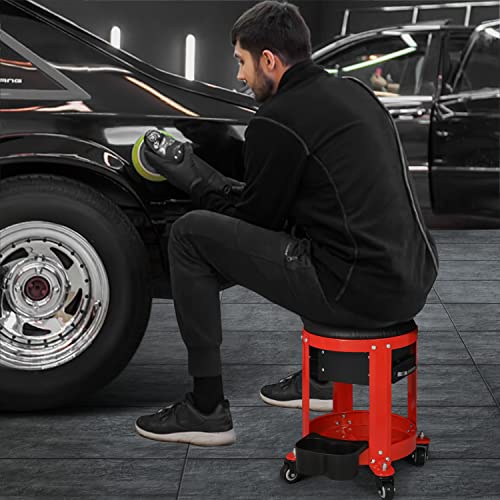 M-AUTO Rolling Workshop Mechanic Stool Creeper Seats with Tool Storage Drawers and Can Holders, 300LbS Garage Rolling Toolbox Stool with Wheels, Work M-AUTO