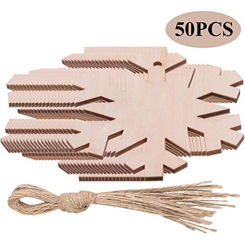 Christmas Wooden Crafts Hanging Ornaments Christmas Tree Decoration Unfinished Wood Cutouts for DIY Blank Slices to Paint (50PCs Snowflake Style)