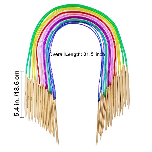 Bamboo Knitting Needles Set, Exquiss 18 Pairs Circular(31.5”) Wooden Knitting Needles with Colored Plastic Tube, 36PCS Single Pointed Bamboo Knitting EXQUISS