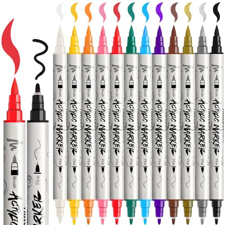 TRANSON 12 Colors Acrylic Paint Marker Pen Set Fine and Brush Dual-tip for Canvas Rock Wood Leather Ceramic DIY Painting TRANSON