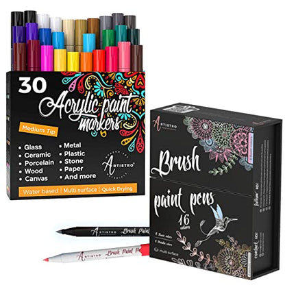 Artistro 30 Acrylic Paint Markers Medium Tip and 42 Acrylic Paint Pens  Extra Fine Tip, Bundle for Rock Painting, Wood, Fabric, Card