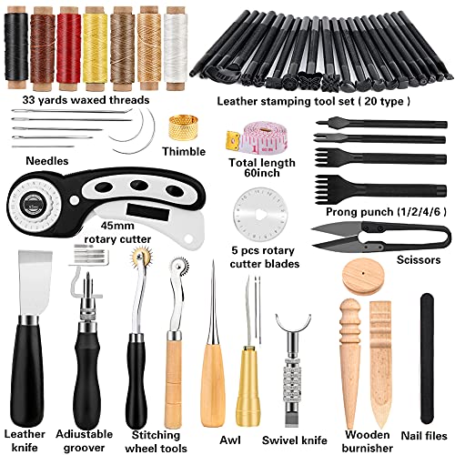 Leather Working Kit, Leather Repair Kit, Leather Working Tools with Instructions, Quality Tool Box, Rotary Cutter, Waxed Thread, Tracing Wheel, and - WoodArtSupply