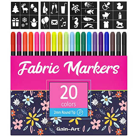Gain-Art Fabric Markers Permanent for Clothes - 20 Colors Fine Tip Fabric Paint Pens with 5 Painting Templates - Non-Toxic Fabric Paint Markers for Gain-Art