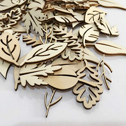Happyyami 50pcs Wooden Leaves Unfinished Wood Cutouts Wood Shapes Pieces Wood Discs Slices for DIY Craft Wedding Birthday Party Favors Centerpieces Happyyami