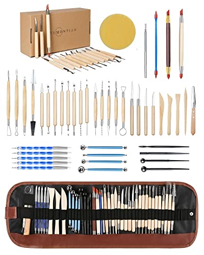TEMONTIAN Pottery Clay Sculpting Tools，44Pcs Double Sided Polymer Clay Tools, Ceramic Clay Carving Tool Set with Carrying Case Bag for Beginners, TEMONTIAN