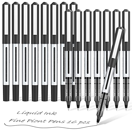 Rollerball Pen Fine Point Pens: 16 pack Black Liquid Ink Roller Ballpoint Gel Pens, 0.5 mm Extra Fine Tip Rolling Ball Stick Pens for Smooth Writing, - WoodArtSupply