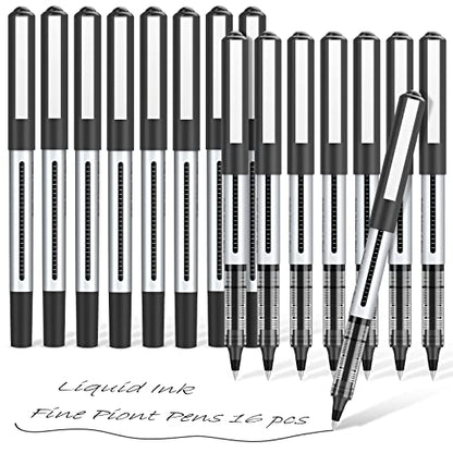 Rollerball Pen Fine Point Pens: 16 pack Black Liquid Ink Roller Ballpoint Gel Pens, 0.5 mm Extra Fine Tip Rolling Ball Stick Pens for Smooth Writing, - WoodArtSupply