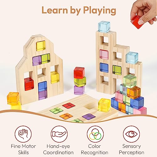 Woodtoe Wooden Building Blocks Set for Kids, 36 PCS Rainbow Acrylic Gem Cubes Blocks - 3 Wood House, Montessori Stacking Toy for Toddlers, Woodtoe