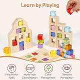 Woodtoe Wooden Building Blocks Set for Kids, 36 PCS Rainbow Acrylic Gem Cubes Blocks - 3 Wood House, Montessori Stacking Toy for Toddlers, Woodtoe