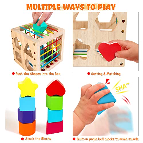 HELLOWOOD Montessori Toys for 1+ Year Old, Wooden Sorter Cube with 8pcs Rattling Shapes, Developmental Learning Toy Gifts for Baby Girls Boys 6-12-18 - WoodArtSupply