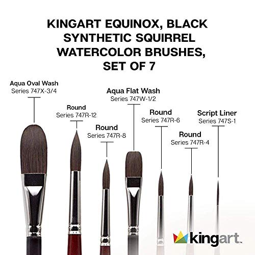 KINGART 1060A Premium 7 Pc. Equinox Series Watercolor Artist Brush Set, Soft Synthetic Black Kazan Squirrel, Curated Shapes and Sizes, Short Handle, KINGART
