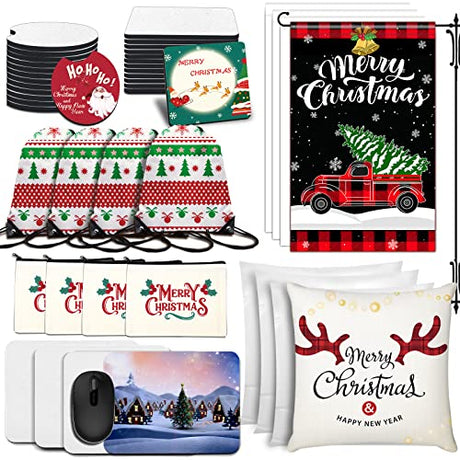 44Pcs Sublimation Blanks Products, DIY Sublimation Blanks Bulk with Car Coaster, Mouse Pad, Pillow Covers, Garden Flag, Makeup Bag, Drawstring Bag NEOACT