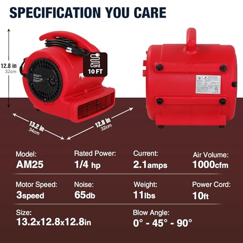 MOUNTO 1/4hp 1000CFM 2 Speed Air Mover Carpet Dryer Floor Fan Cooling Fan (Red) MOUNTO