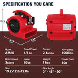 MOUNTO 1/4hp 1000CFM 2 Speed Air Mover Carpet Dryer Floor Fan Cooling Fan (Red) MOUNTO