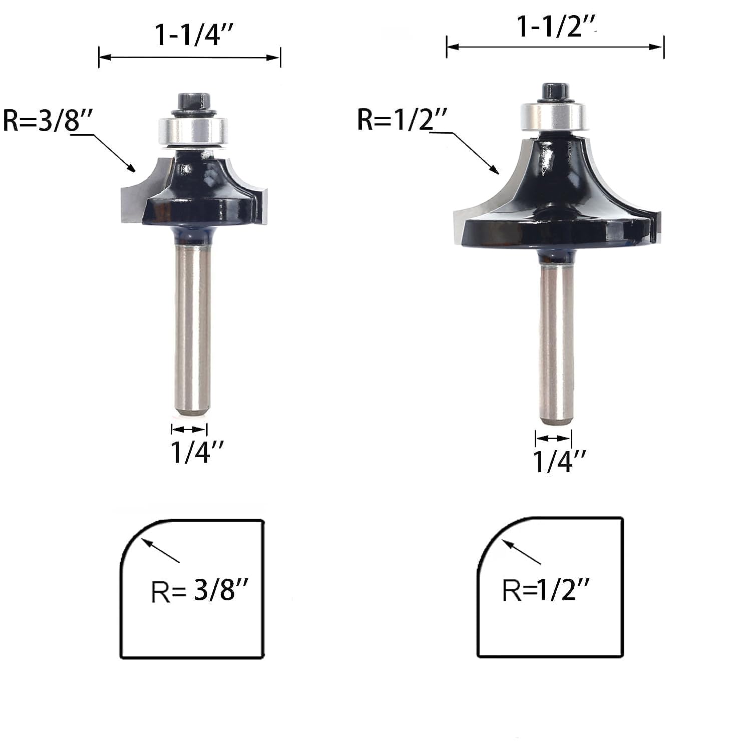 SICWOOD 6pcs Roundover Router Bit Set - Round Over Router Bits 1/4 Shank with 6 Bearings 3/8", Carbide Corner Rounding Edge-Forming Bit, for Round SICWOOD