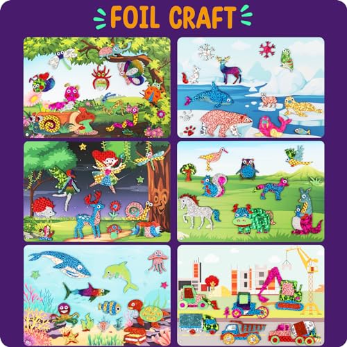 Alritz Foil Crafts Fun Kit, No Mess Foil Art Kit Toys for Kids Animals Space Cars, Foil Stickers, Art Craft Supplies, DIY Christmas Gift for Girls Alritz