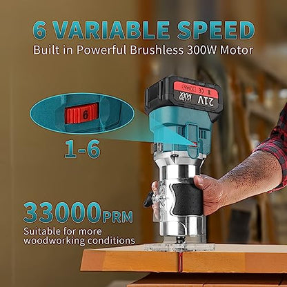 Cordless Compact Router,With Battery 21v Handheld Router,1/4" Router Set 6.35mm Trim Diameter Cordless Palm Router, 6 Level Speed Adjustablesuitable - WoodArtSupply