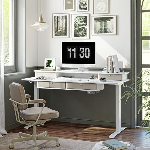 FEZIBO Sturdy Height Adjustable Electric Standing Desk with Drawers, 55 x 24 Inch Stand Up Table with Large Storage Shelf, Sit Stand Desk, White Top