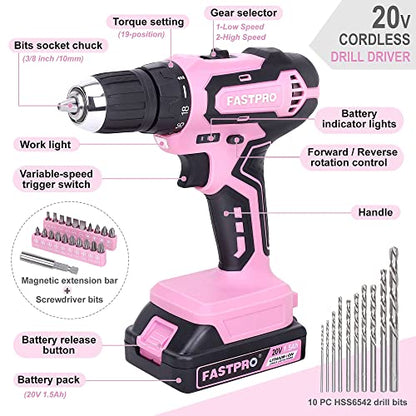 FASTPRO 232-Piece 20V Pink Cordless Lithium-ion Drill Driver and Home Tool Set, Lady's Repairing Kit with 12-Inch Wide Mouth Open Storage Bag