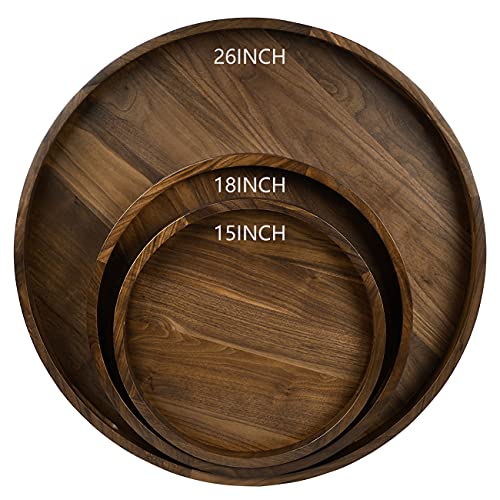 KINGCRAFT 26 x 26 inches Extra Large Round Ottoman Table Tray Wooden Solid Serving Tray with Handle Black Walnut Circle Platter Decorative Tray for - WoodArtSupply